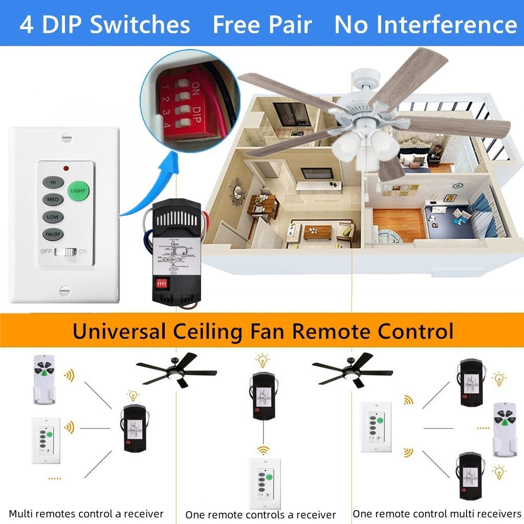 Nexete Universal UC9050T Ceiling Fan in Wall Remote Control,Ceiling Fan Dip Switch with Adjustable 3 Speed, Light Dimmer, Compatible with 9050T 53T 35T HD5 Replacement for Hampton Bay Harbor Breeze Hunter(Wired UC9050T & Receiver)