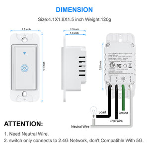 Nexete Smart Wi-fi Switch, Wireless Smartphone Remote Control Wall Light Switch, Compatible with Alexa Google Home IFTTT Android IOS from Anywhere Timing Function No Hub Required (Smart Light Switch 1-Pack)