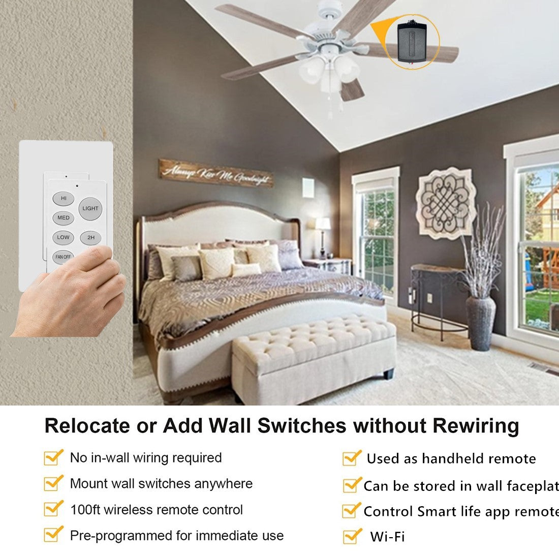 Nexete Universal Ceiling Fan Wall Remote Control Kit, add a Ceiling Fan, no in-Wall Wiring Required Wall Switch Ceiling Fan Speed Timming & Light on/Off Remote with Receiver