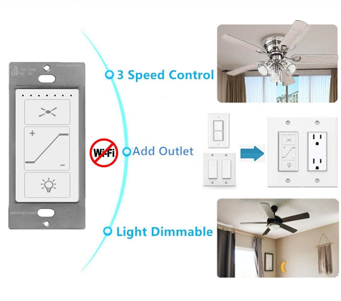 Nexete Ceiling Fan Control & Dimmer Wall Switch, 2 in 1 Light and Fan Combination Light Switch Single Pole, Neutral Wire Needed.