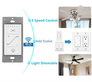 Nexete Smart Wi-Fi Ceiling Fan Control & Dimmer Wall Switch, 2.4Ghz Single Pole Wi-Fi Fan and Light Switch Combo, Compatible with Alexa & Google Home, Smart Life APP, Neutral Wire Needed